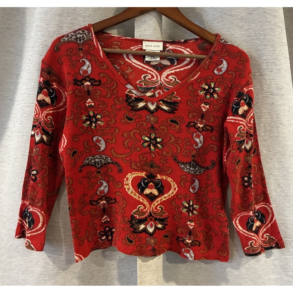 Vintage Pierre Cardin Ribbed V Neck Top Red Paisley Cotton Y2K 90s Retro Size M